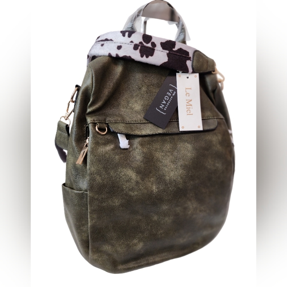 Le Miel Backpack Purse Olive Green Cow Print strap for crossbody/sling carry